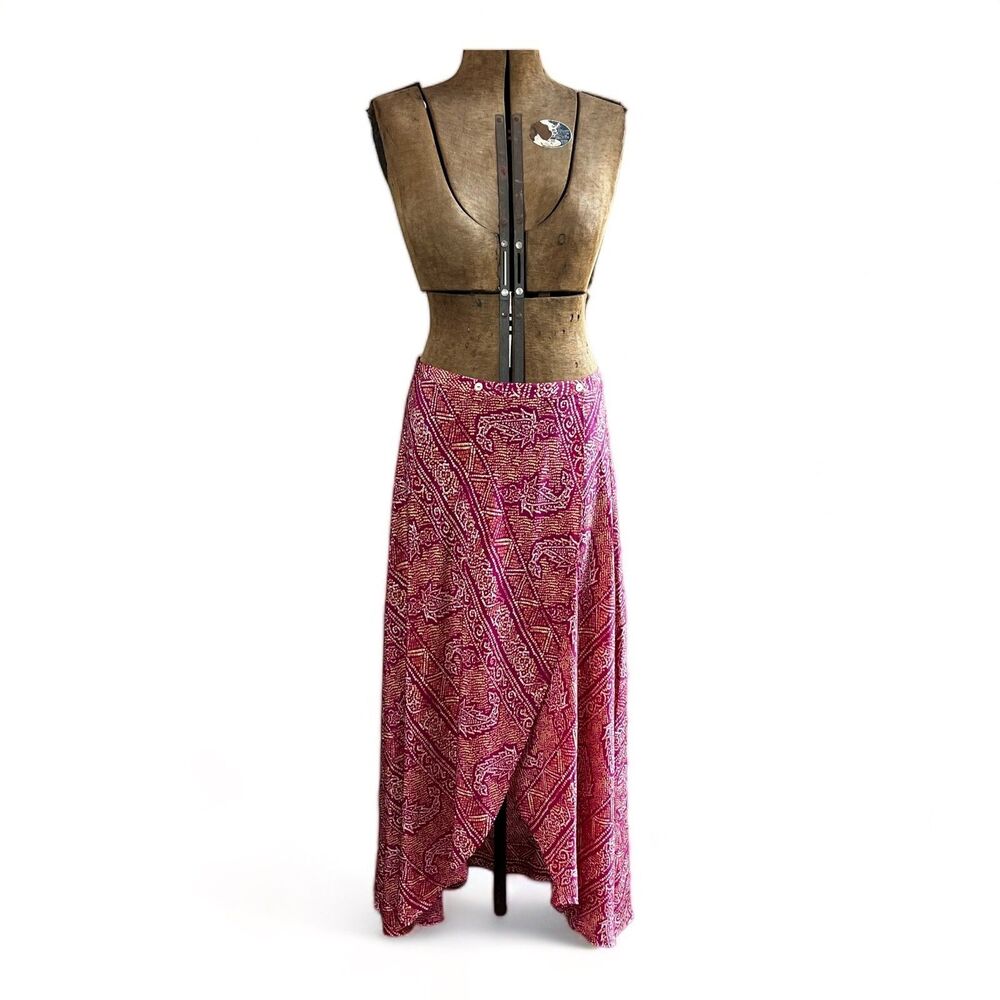 Rasberry Batik Silk Wrap Maxi Skirt or Coverup by VIX Paula Hermanny, Handmade,M